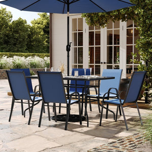 English Elm Brazos 7 Piece Outdoor Patio Dining Set - Modern Tempered Glass Table with 6 Comfortable Sling Chairs Navy TLH-089REC-303CNV6-GG