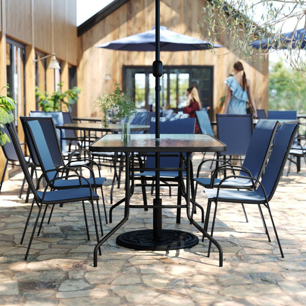 English Elm Brazos 7 Piece Outdoor Patio Dining Set - Modern Tempered Glass Table with 6 Comfortable Sling Chairs Navy TLH-089REC-303CNV6-GG