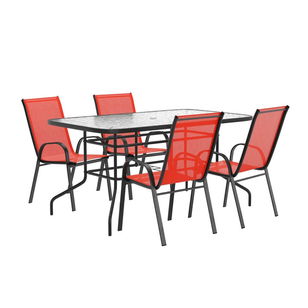 English Elm Brazos 5-Piece Outdoor Patio Dining Set with Tempered Glass Table and Stackable Sling Chairs for Comfort Red TLH-089REC-303CRD4-GG