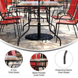 English Elm Brazos 5-Piece Outdoor Patio Dining Set with Tempered Glass Table and Stackable Sling Chairs for Comfort Red TLH-089REC-303CRD4-GG