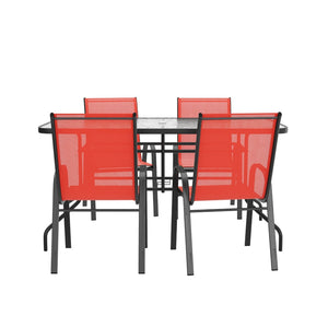 English Elm Brazos 5-Piece Outdoor Patio Dining Set with Tempered Glass Table and Stackable Sling Chairs for Comfort Red TLH-089REC-303CRD4-GG