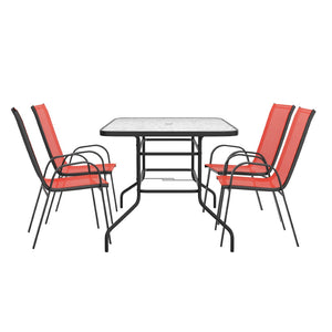 English Elm Brazos 5-Piece Outdoor Patio Dining Set with Tempered Glass Table and Stackable Sling Chairs for Comfort Red TLH-089REC-303CRD4-GG