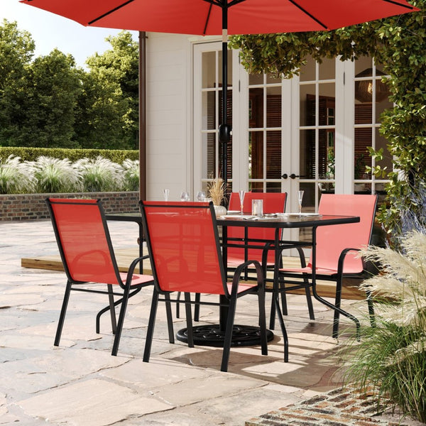 English Elm Brazos 5-Piece Outdoor Patio Dining Set with Tempered Glass Table and Stackable Sling Chairs for Comfort Red TLH-089REC-303CRD4-GG