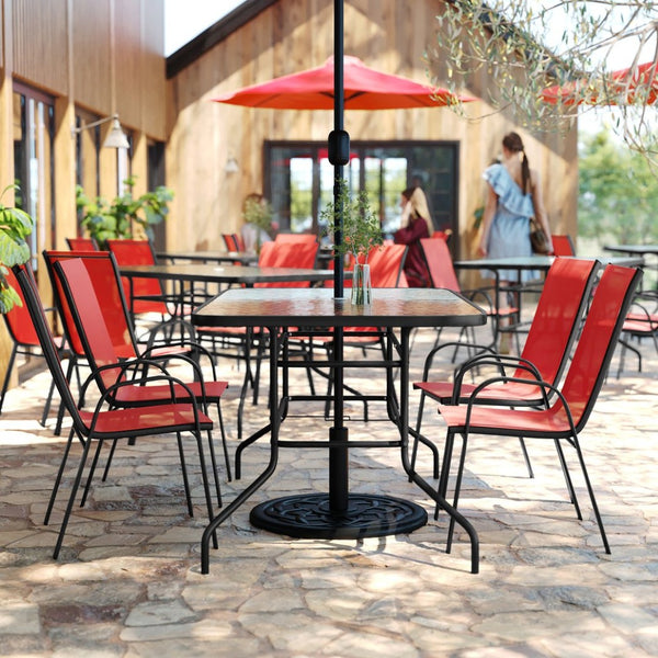 English Elm Brazos 5-Piece Outdoor Patio Dining Set with Tempered Glass Table and Stackable Sling Chairs for Comfort Red TLH-089REC-303CRD4-GG