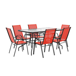 English Elm Brazos 7 Piece Outdoor Patio Dining Set - Modern Tempered Glass Table with 6 Comfortable Sling Chairs Red TLH-089REC-303CRD6-GG