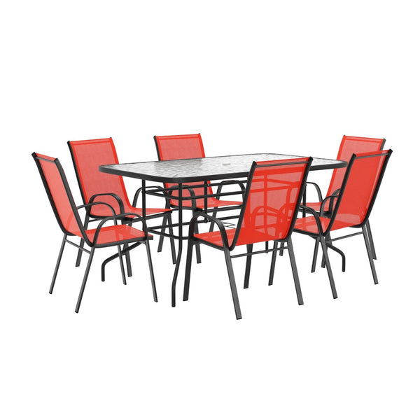 English Elm Brazos 7 Piece Outdoor Patio Dining Set - Modern Tempered Glass Table with 6 Comfortable Sling Chairs Red TLH-089REC-303CRD6-GG