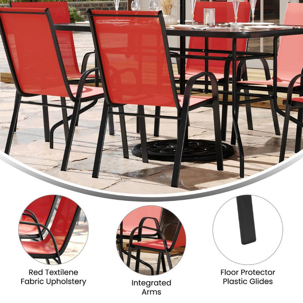 English Elm Brazos 7 Piece Outdoor Patio Dining Set - Modern Tempered Glass Table with 6 Comfortable Sling Chairs Red TLH-089REC-303CRD6-GG