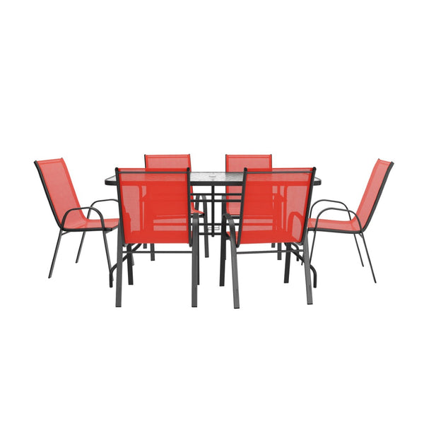 English Elm Brazos 7 Piece Outdoor Patio Dining Set - Modern Tempered Glass Table with 6 Comfortable Sling Chairs Red TLH-089REC-303CRD6-GG