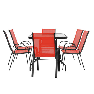 English Elm Brazos 7 Piece Outdoor Patio Dining Set - Modern Tempered Glass Table with 6 Comfortable Sling Chairs Red TLH-089REC-303CRD6-GG