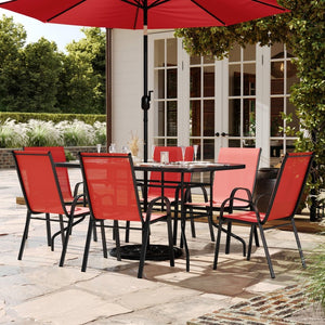 English Elm Brazos 7 Piece Outdoor Patio Dining Set - Modern Tempered Glass Table with 6 Comfortable Sling Chairs Red TLH-089REC-303CRD6-GG