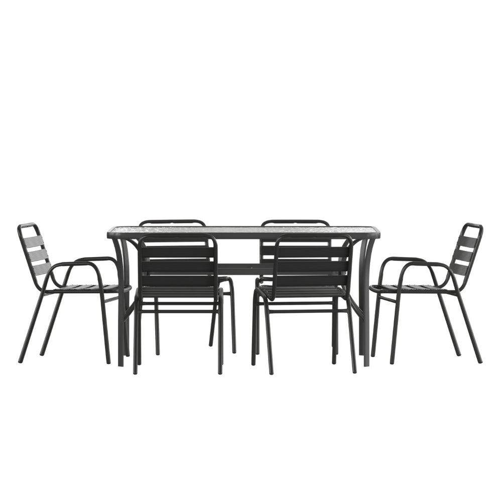 English Elm Lila 7-Piece Commercial Outdoor Patio Dining Set - Stylish 60" Glass Table & Ergonomic Stackable Chairs TLH-94B-01815CBK-GG