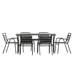English Elm Lila 7-Piece Commercial Outdoor Patio Dining Set - Stylish 60" Glass Table & Ergonomic Stackable Chairs TLH-94B-01815CBK-GG