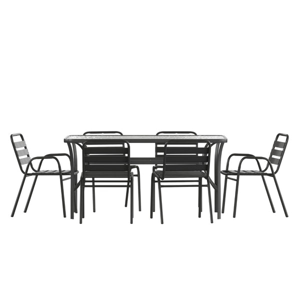 English Elm Lila 7-Piece Commercial Outdoor Patio Dining Set - Stylish 60" Glass Table & Ergonomic Stackable Chairs TLH-94B-01815CBK-GG