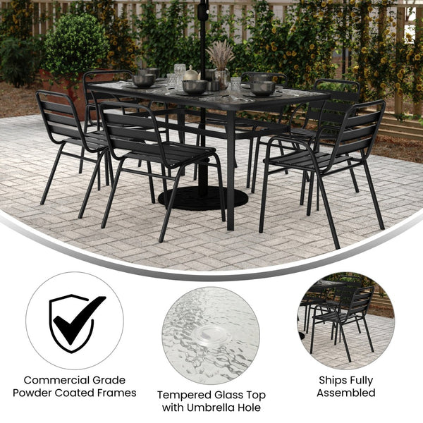 English Elm Lila 7-Piece Commercial Outdoor Patio Dining Set - Stylish 60" Glass Table & Ergonomic Stackable Chairs TLH-94B-01815CBK-GG