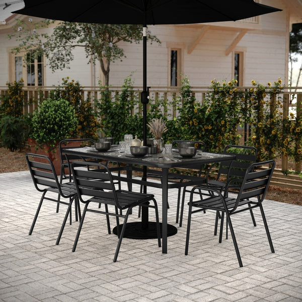 English Elm Lila 7-Piece Commercial Outdoor Patio Dining Set - Stylish 60" Glass Table & Ergonomic Stackable Chairs TLH-94B-01815CBK-GG
