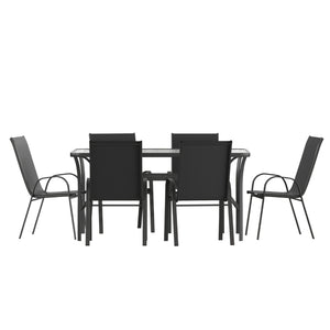 English Elm Brazos 7-Piece Commercial Grade Patio Dining Set with Tempered Glass Table and Comfortable Chairs Black TLH-94B-303C-GG