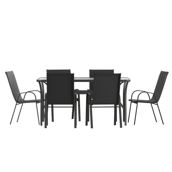 English Elm Brazos 7-Piece Commercial Grade Patio Dining Set with Tempered Glass Table and Comfortable Chairs Black TLH-94B-303C-GG