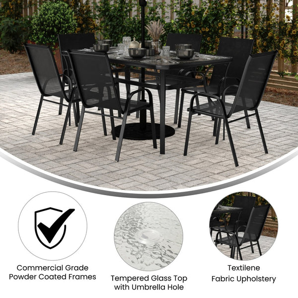 English Elm Brazos 7-Piece Commercial Grade Patio Dining Set with Tempered Glass Table and Comfortable Chairs Black TLH-94B-303C-GG