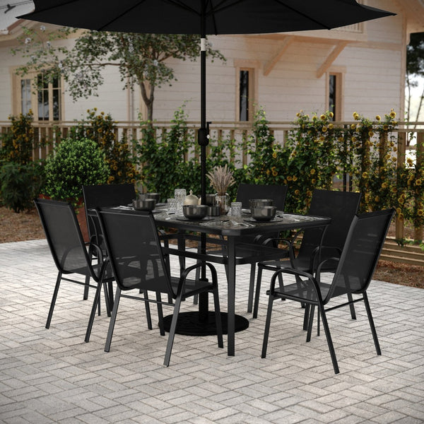 English Elm Brazos 7-Piece Commercial Grade Patio Dining Set with Tempered Glass Table and Comfortable Chairs Black TLH-94B-303C-GG