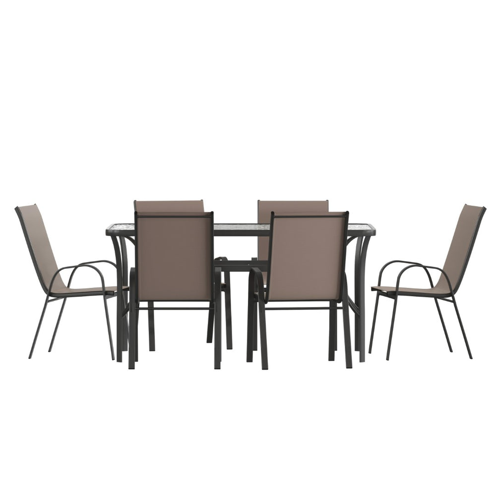 English Elm Brazos 7-Piece Commercial Grade Patio Dining Set with Tempered Glass Table and Comfortable Chairs Brown TLH-94B-303CB-GG