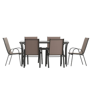 English Elm Brazos 7-Piece Commercial Grade Patio Dining Set with Tempered Glass Table and Comfortable Chairs Brown TLH-94B-303CB-GG