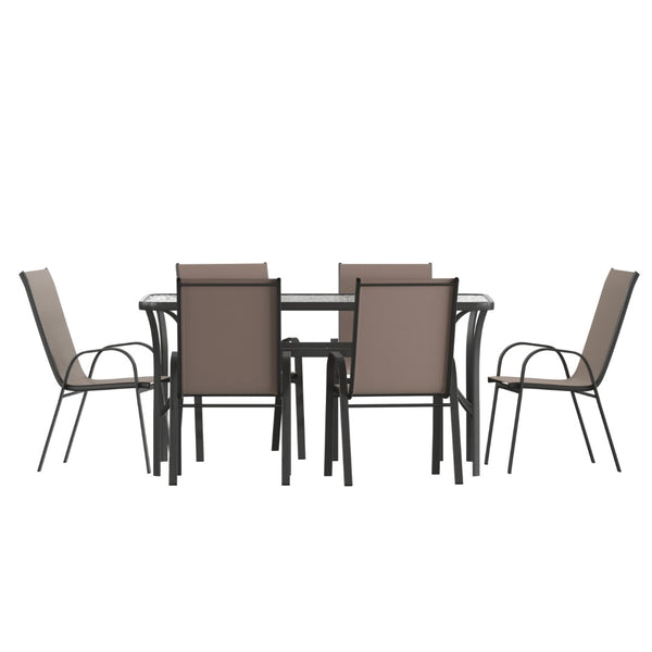 English Elm Brazos 7-Piece Commercial Grade Patio Dining Set with Tempered Glass Table and Comfortable Chairs Brown TLH-94B-303CB-GG