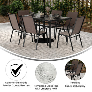 English Elm Brazos 7-Piece Commercial Grade Patio Dining Set with Tempered Glass Table and Comfortable Chairs Brown TLH-94B-303CB-GG