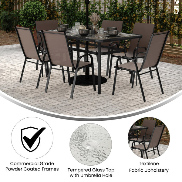 English Elm Brazos 7-Piece Commercial Grade Patio Dining Set with Tempered Glass Table and Comfortable Chairs Brown TLH-94B-303CB-GG