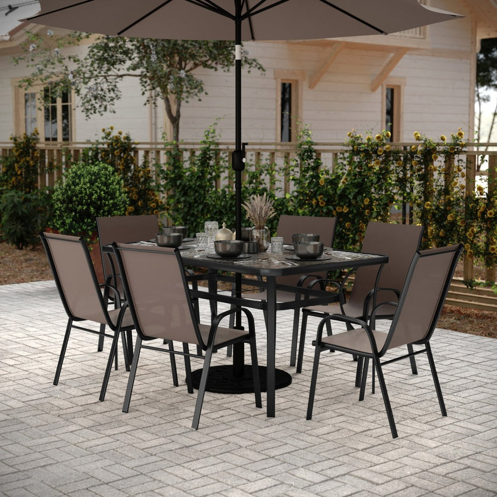 English Elm Brazos 7-Piece Commercial Grade Patio Dining Set with Tempered Glass Table and Comfortable Chairs Brown TLH-94B-303CB-GG