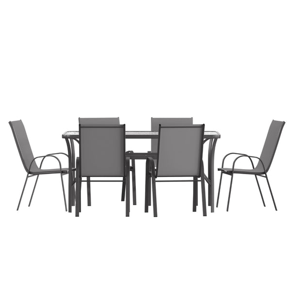 English Elm Brazos 7-Piece Commercial Grade Patio Dining Set with Tempered Glass Table and Comfortable Chairs Gray TLH-94B-303CG-GG