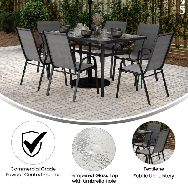 English Elm Brazos 7-Piece Commercial Grade Patio Dining Set with Tempered Glass Table and Comfortable Chairs Gray TLH-94B-303CG-GG