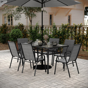 English Elm Brazos 7-Piece Commercial Grade Patio Dining Set with Tempered Glass Table and Comfortable Chairs Gray TLH-94B-303CG-GG