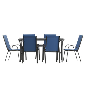 English Elm Brazos 7-Piece Commercial Grade Patio Dining Set with Tempered Glass Table and Comfortable Chairs Navy TLH-94B-303CNV-GG