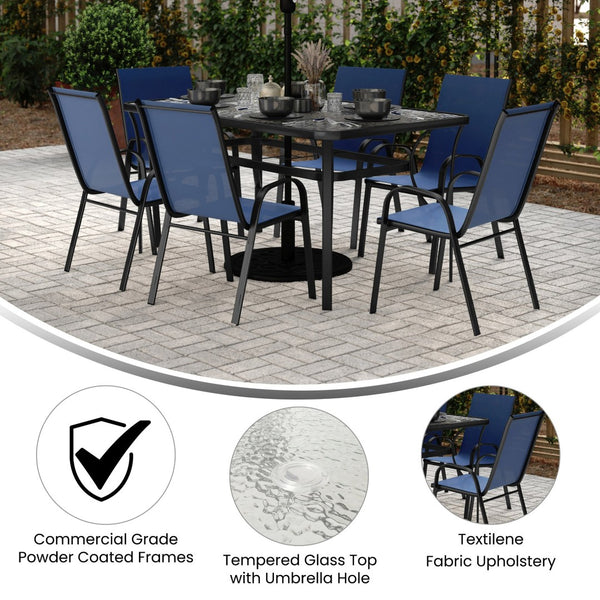 English Elm Brazos 7-Piece Commercial Grade Patio Dining Set with Tempered Glass Table and Comfortable Chairs Navy TLH-94B-303CNV-GG