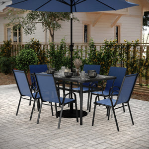 English Elm Brazos 7-Piece Commercial Grade Patio Dining Set with Tempered Glass Table and Comfortable Chairs Navy TLH-94B-303CNV-GG