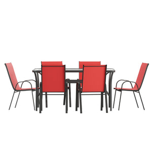 English Elm Brazos 7-Piece Commercial Grade Patio Dining Set with Tempered Glass Table and Comfortable Chairs Red TLH-94B-303CRD-GG