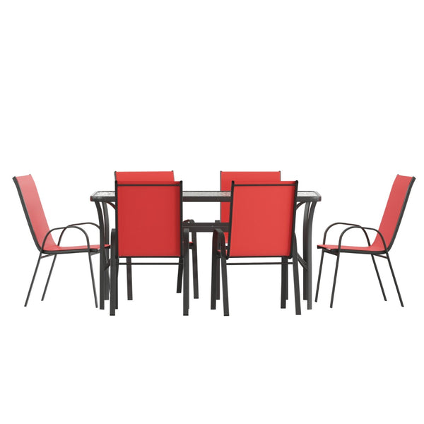 English Elm Brazos 7-Piece Commercial Grade Patio Dining Set with Tempered Glass Table and Comfortable Chairs Red TLH-94B-303CRD-GG