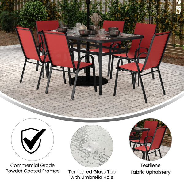 English Elm Brazos 7-Piece Commercial Grade Patio Dining Set with Tempered Glass Table and Comfortable Chairs Red TLH-94B-303CRD-GG