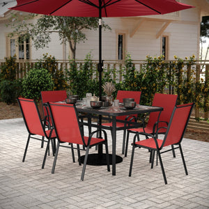 English Elm Brazos 7-Piece Commercial Grade Patio Dining Set with Tempered Glass Table and Comfortable Chairs Red TLH-94B-303CRD-GG