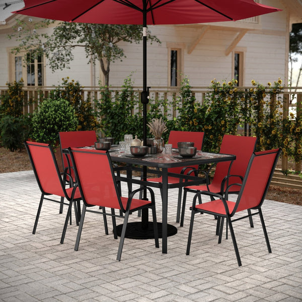 English Elm Brazos 7-Piece Commercial Grade Patio Dining Set with Tempered Glass Table and Comfortable Chairs Red TLH-94B-303CRD-GG