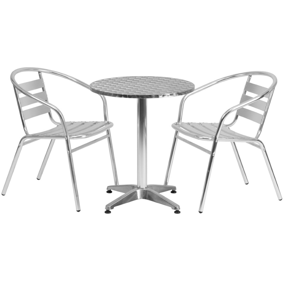 English Elm Lila 23.5'' Round Bistro Table Set with 2 Slat Back Chairs - Stylish, Durable, Indoor-Outdoor Dining! TLH-ALUM-24RD-017BCHR2-GG