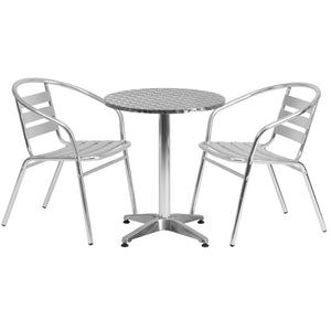 English Elm Lila 23.5'' Round Bistro Table Set with 2 Slat Back Chairs - Stylish, Durable, Indoor-Outdoor Dining! TLH-ALUM-24RD-017BCHR2-GG