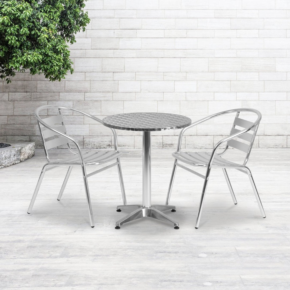 English Elm Lila 23.5'' Round Bistro Table Set with 2 Slat Back Chairs - Stylish, Durable, Indoor-Outdoor Dining! TLH-ALUM-24RD-017BCHR2-GG