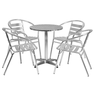 English Elm Lila 23.5'' Round Aluminum Bistro Table Set with 4 Stackable Slat-Back Chairs for Indoor/Outdoor Use TLH-ALUM-24RD-017BCHR4-GG