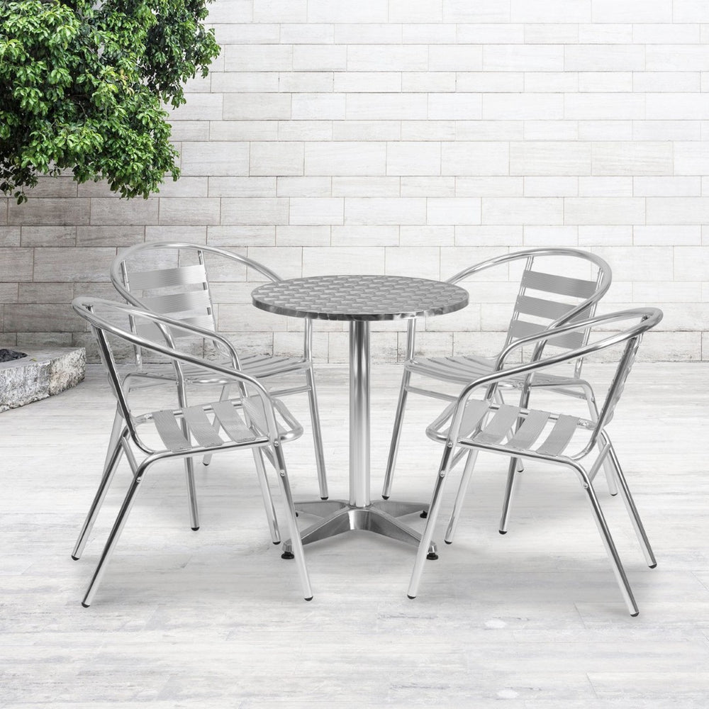 English Elm Lila 23.5'' Round Aluminum Bistro Table Set with 4 Stackable Slat-Back Chairs for Indoor/Outdoor Use TLH-ALUM-24RD-017BCHR4-GG