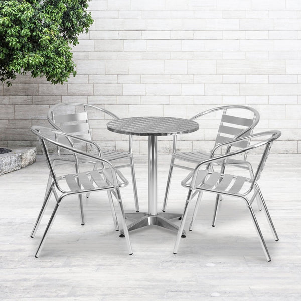 English Elm Lila 23.5'' Round Aluminum Bistro Table Set with 4 Stackable Slat-Back Chairs for Indoor/Outdoor Use TLH-ALUM-24RD-017BCHR4-GG