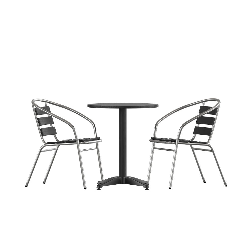 English Elm Lila 3-Piece Black Aluminum Indoor-Outdoor Table Set with 2 Slat-Back Chairs for Stylish Spaces TLH-ALUM-24RD-017BK2-GG
