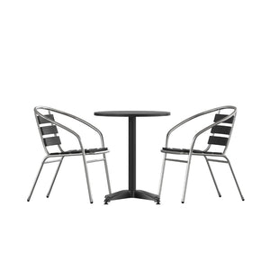 English Elm Lila 3-Piece Black Aluminum Indoor-Outdoor Table Set with 2 Slat-Back Chairs for Stylish Spaces TLH-ALUM-24RD-017BK2-GG