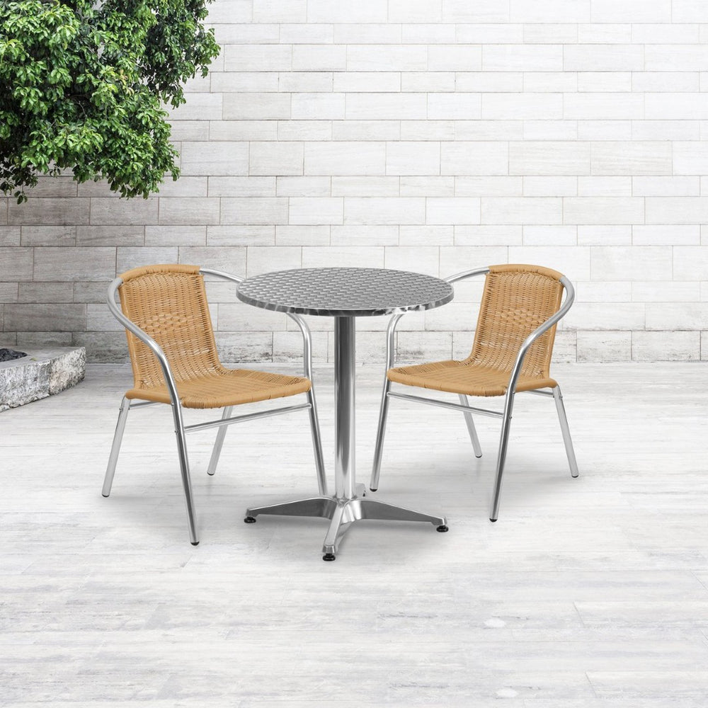 English Elm Lila Compact Bistro Table Set with Durable Aluminum Table and 2 Stylish Rattan Chairs for Dining Beige 23.5" Round TLH-ALUM-24RD-020BGECHR2-GG
