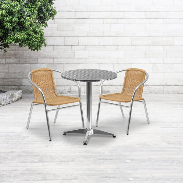 English Elm Lila Compact Bistro Table Set with Durable Aluminum Table and 2 Stylish Rattan Chairs for Dining Beige 23.5" Round TLH-ALUM-24RD-020BGECHR2-GG